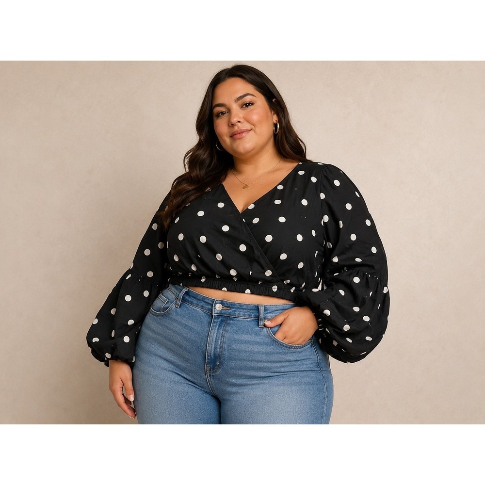 Truth Black Polka Dots Crop Shirt Size 1X Ruffle Sleeves Girly Summer Spring